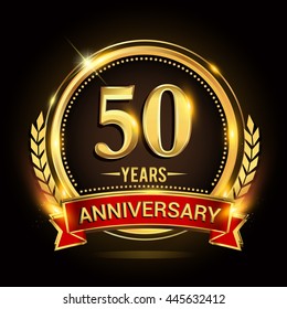 Celebrating 50 years anniversary logo with golden ring and red ribbon.