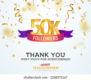 Celebrating 50k followers with color bright ribbon and falling down confetti. Set of golden numbers for construction Greeting subscribers vector illustration template