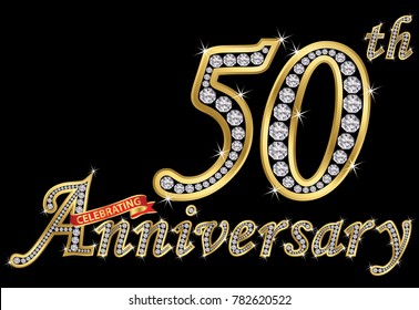 Celebrating  50th anniversary golden sign with diamonds, vector illustration svg