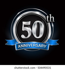 Celebrating 50th anniversary logo. with silver ring and blue ribbon.