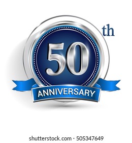 Celebrating 50th Anniversary Logo, With Silver Ring And Blue Ribbon Isolated On White Background.