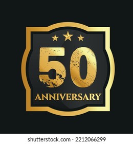 Celebrating 50th Years Anniversary With Golden Border And Stars On Dark Background, Vector Design.
