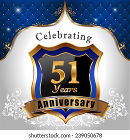 celebrating 51 years anniversary, Golden sheild with blue royal emblem background - vector eps10