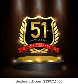 Celebrating 51 years anniversary logo with golden shield and ribbon, laurel wreath, cylinder podium vector design.