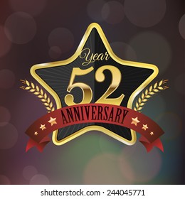 Celebrating 52 Years Anniversary - Golden Star with Laurel Wreath Seal with Red Golden - Layered EPS 10 Vector.