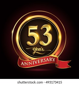 Celebrating 53 years anniversary template logo with golden ring and red ribbon.