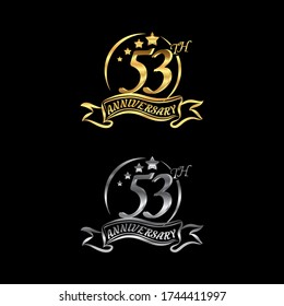 Celebrating the 53th anniversary logo,star shape, with gold and silver rings and gradation ribbons isolated on a black background.EPS 10