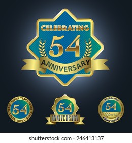 Celebrating 54 Years Anniversary - Golden Star with Laurel Wreath Seal with Red Golden - Layered EPS 10 Vector.