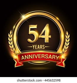 Celebrating 54 years anniversary logo with golden ring and red ribbon.
