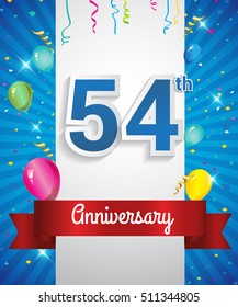 Celebrating 54th Anniversary logo, with confetti and balloons, red ribbon, Colorful Vector design template elements for your invitation card, flyer, banner and poster.