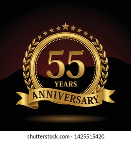 Celebrating 55 years anniversary with golden ring and ribbon on dark background, vector design.