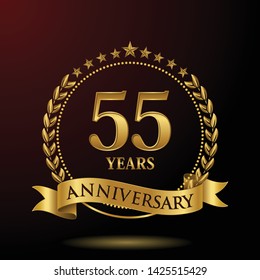 Celebrating 55 years anniversary with golden ring and ribbon on dark background, vector design.