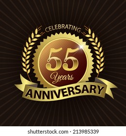 Celebrating 55 Years Anniversary - Golden Laurel Wreath Seal with Golden Ribbon - Layered EPS 10 Vector