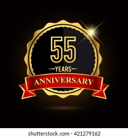 Celebrating 55 years anniversary logo with red ribbon and golden shiny badge, vector design.