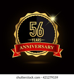 Celebrating 56 years anniversary logo with red ribbon and golden shiny badge, vector design.