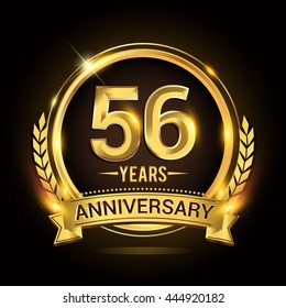 Celebrating 56 years anniversary logo with golden ring and ribbon, laurel wreath vector design.