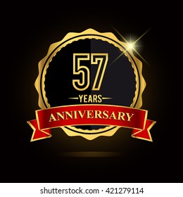 Celebrating 57 years anniversary logo with red ribbon and golden shiny badge, vector design.