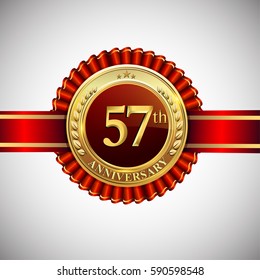 Celebrating 57th anniversary logo, with golden badge and red ribbon isolated on white background.