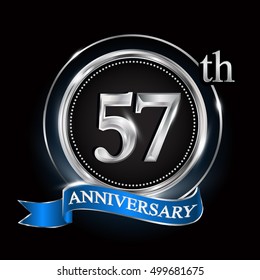 Celebrating 57th anniversary logo. with silver ring and blue ribbon.