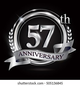 Celebrating 57th anniversary logo, with silver ring and ribbon.