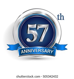 Celebrating 57th anniversary logo, with silver ring and blue ribbon isolated on white background.