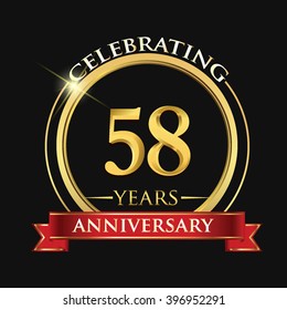 Celebrating 58 years anniversary logo. with golden ring and red ribbon.
