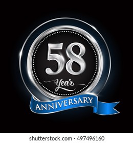 Celebrating 58 years anniversary logo. with silver ring and blue ribbon.