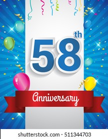 Celebrating 58th Anniversary logo, with confetti and balloons, red ribbon, Colorful Vector design template elements for your invitation card, flyer, banner and poster.