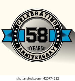 Celebrating 58th years anniversary logo vintage emblem with blue ribbon. Retro vector background.