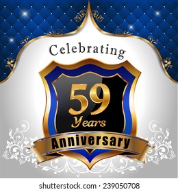 celebrating 59 years anniversary, Golden shield with blue royal emblem background - vector eps10