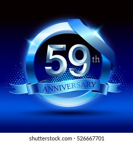 Celebrating 59th anniversary logo, with silver ring and blue ribbon isolated on gradient background.