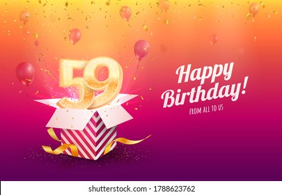 Celebrating 59th years birthday vector illustration. Fifty-nine anniversary celebration background. Adult birth day. Open gift box with flying holiday numbers 