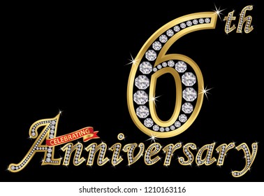Celebrating  5th anniversary golden sign with diamonds, vector illustration