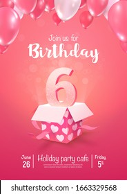 Celebrating of 6 years birthday vector 3d illustration on soft background. Six years anniversary celebration and open gift box with balloons poster template