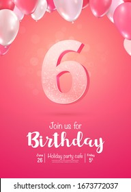 Celebrating of 6 years birthday vector 3d illustration on soft background. Six years anniversary celebration and open gift box with balloons poster template