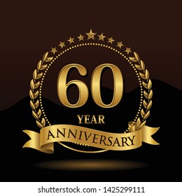 Celebrating 60 Years Anniversary With Golden Ring And Ribbon On Dark Background, Vector Design.