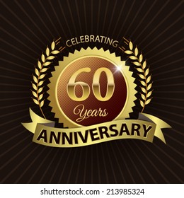 Celebrating 60 Years Anniversary - Golden Laurel Wreath Seal with Golden Ribbon - Layered EPS 10 Vector