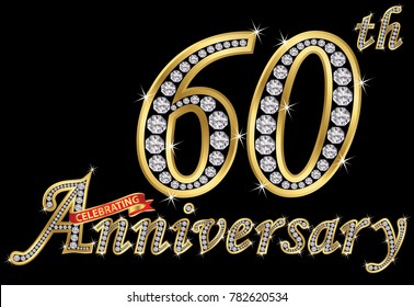 Celebrating 60th anniversary golden sign with diamonds, vector illustration svg
