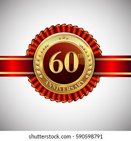 Celebrating 60th anniversary logo, with golden badge and red ribbon isolated on white background.