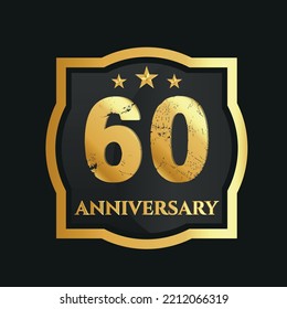 Celebrating 60th years anniversary with golden border and stars on dark background, vector design.
