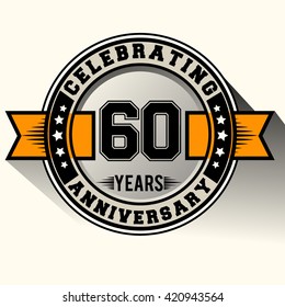 Celebrating 60th years anniversary logo vintage emblem with yellow ribbon. Retro vector background.