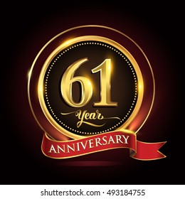 Celebrating 61 years anniversary template logo with golden ring and red ribbon.