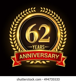 Celebrating 62 years anniversary with wreath, ribbon and golden ring logo.