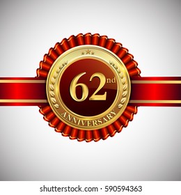 Celebrating 62nd anniversary logo, with golden badge and red ribbon isolated on white background.