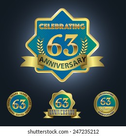 Celebrating 63 Years Anniversary - Golden Star with Laurel Wreath Seal with Red Golden - Layered EPS 10 Vector.