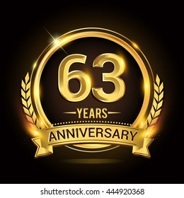 Celebrating 63 years anniversary logo with golden ring and ribbon, laurel wreath vector design.