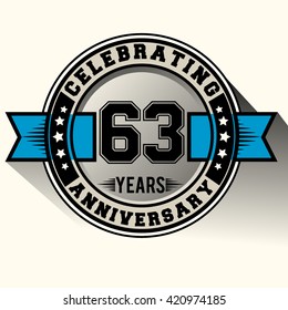 Celebrating 63rd years anniversary logo vintage emblem with blue ribbon. Retro vector background.