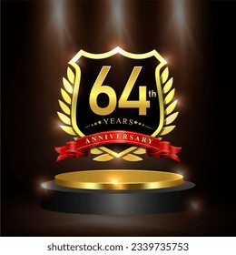 Celebrating 64 years anniversary logo with golden shield and ribbon, laurel wreath, cylinder podium vector design.