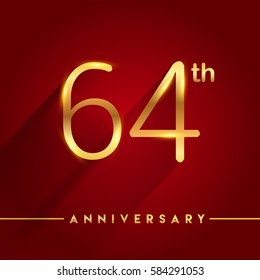 Celebrating of 64 years anniversary, logotype golden colored isolated on red background, vector design for greeting card and invitation card