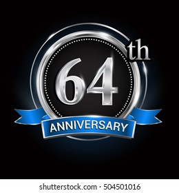Celebrating 64th anniversary logo. with silver ring and blue ribbon,